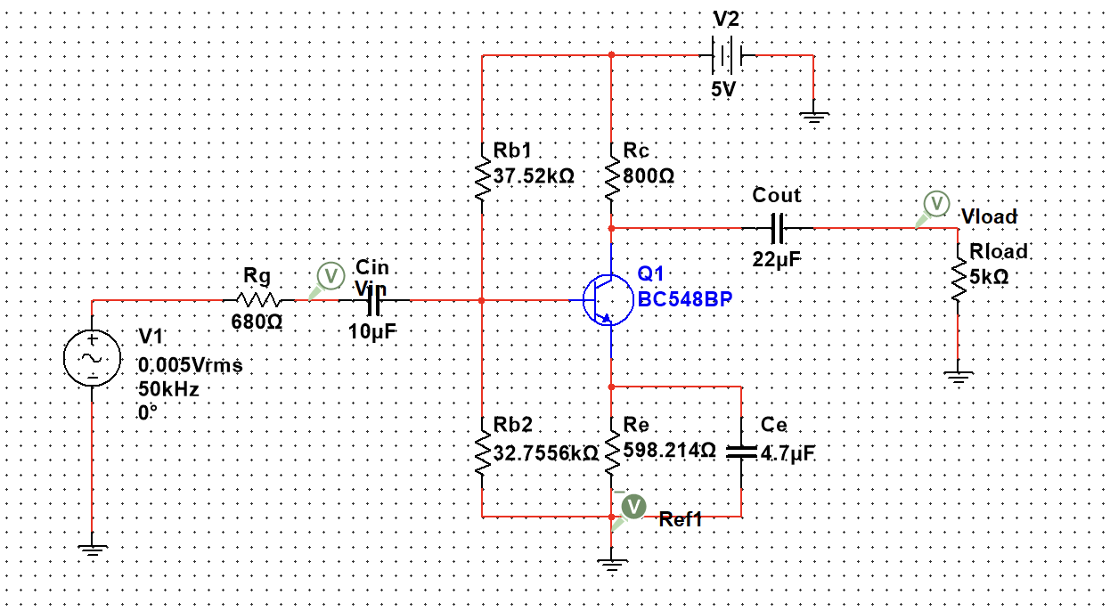 Multisim schematic of BC548BP common-emitter BJT amplifier with bias resistors Rb1=37.52kΩ Rb2=32.76kΩ, Rc=800Ω, Re=598Ω, coupling and bypass capacitors, 5V supply